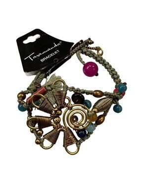 Taramanda Boho Brass Bead Adjustable Bracelet Tassel Braided Cords Tropical